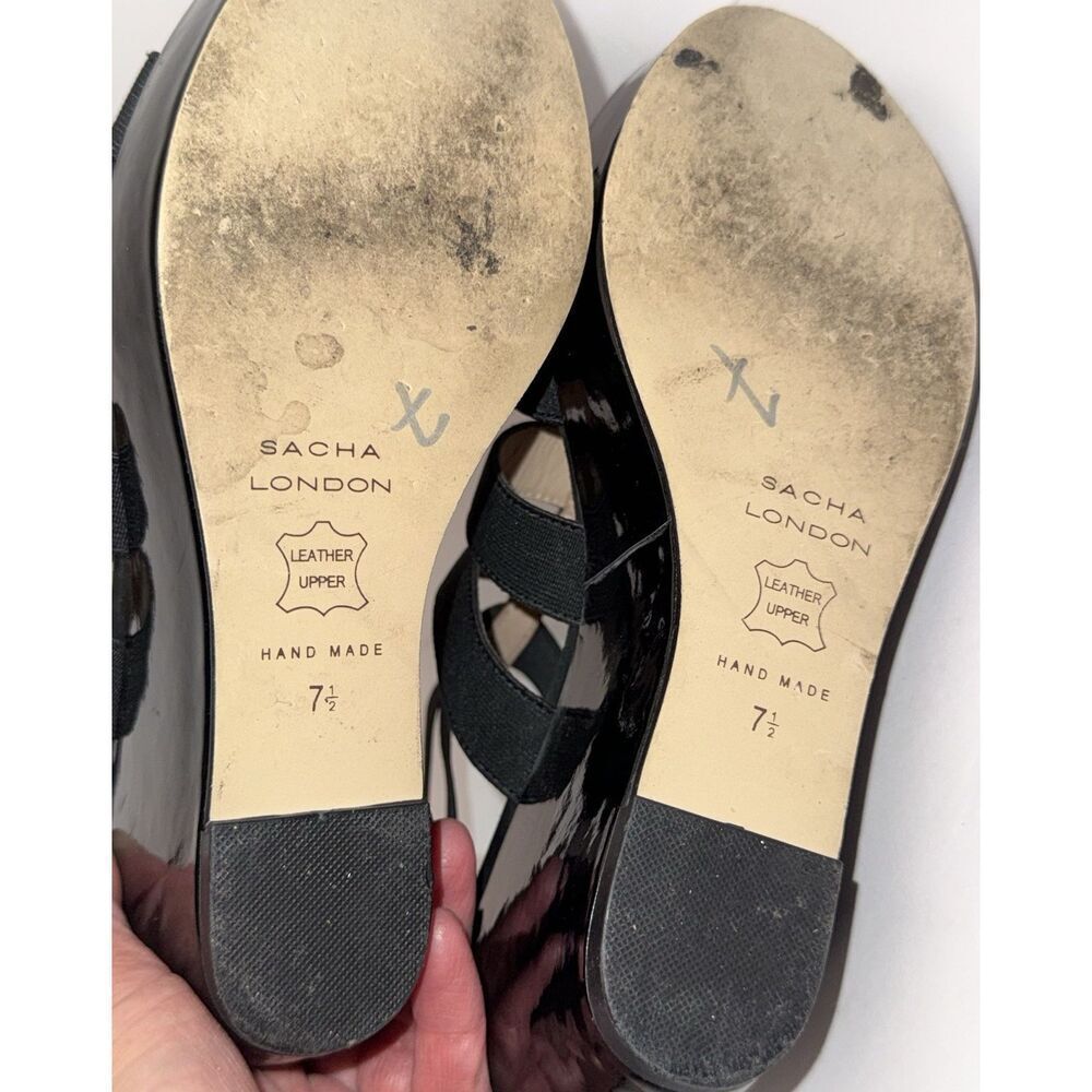 Sacha London Omega Wedge Strappy Sandal Elastic Black Patent Leather Classic 7.5 - Picture 13 of 14